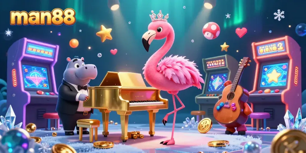 Experience thrilling action at man88's vibrant casino games with 3D lounge characters and dynamic gaming elements.