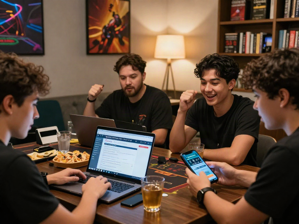 Friends discussing 먹튀검증 추천 먹튀스팟 in a cozy lounge, showcasing bets and strategies