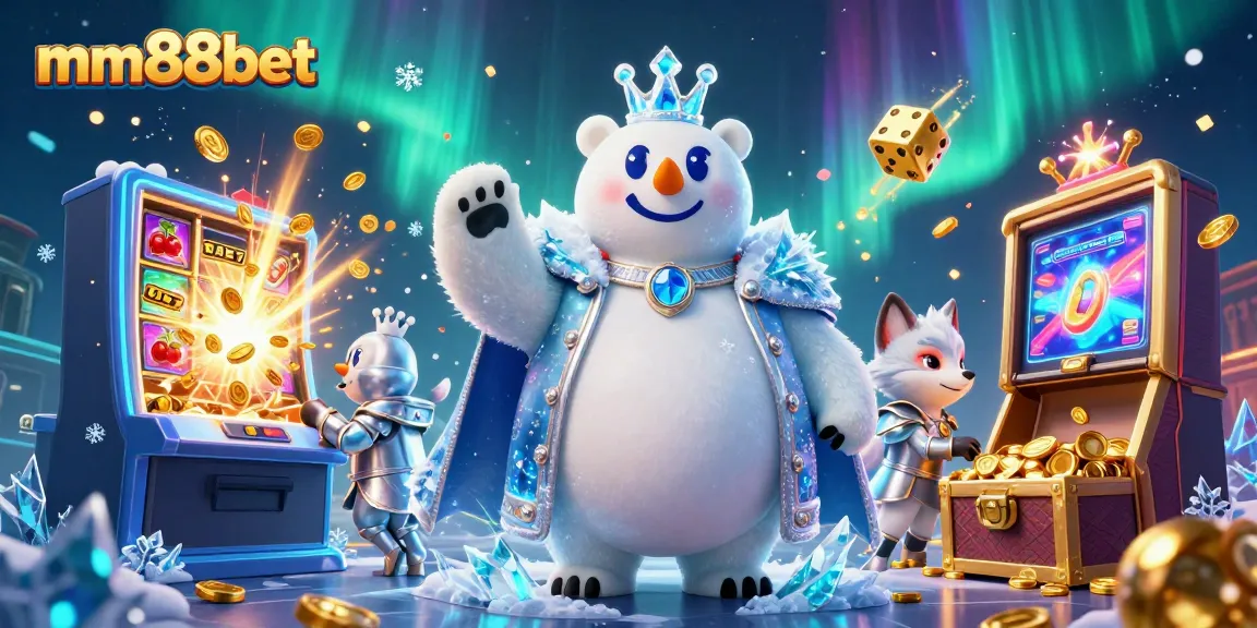 Experience the thrill of mm88bet with cartoon characters surrounded by jackpot slots and treasure.