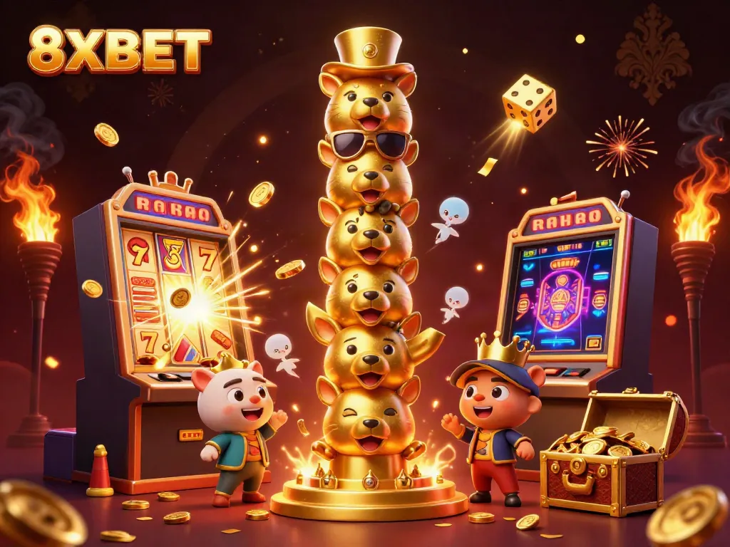 Experience the excitement of 8XBET with a vibrant illustration showcasing a golden totem surrounded by jackpot symbols and casino elements.