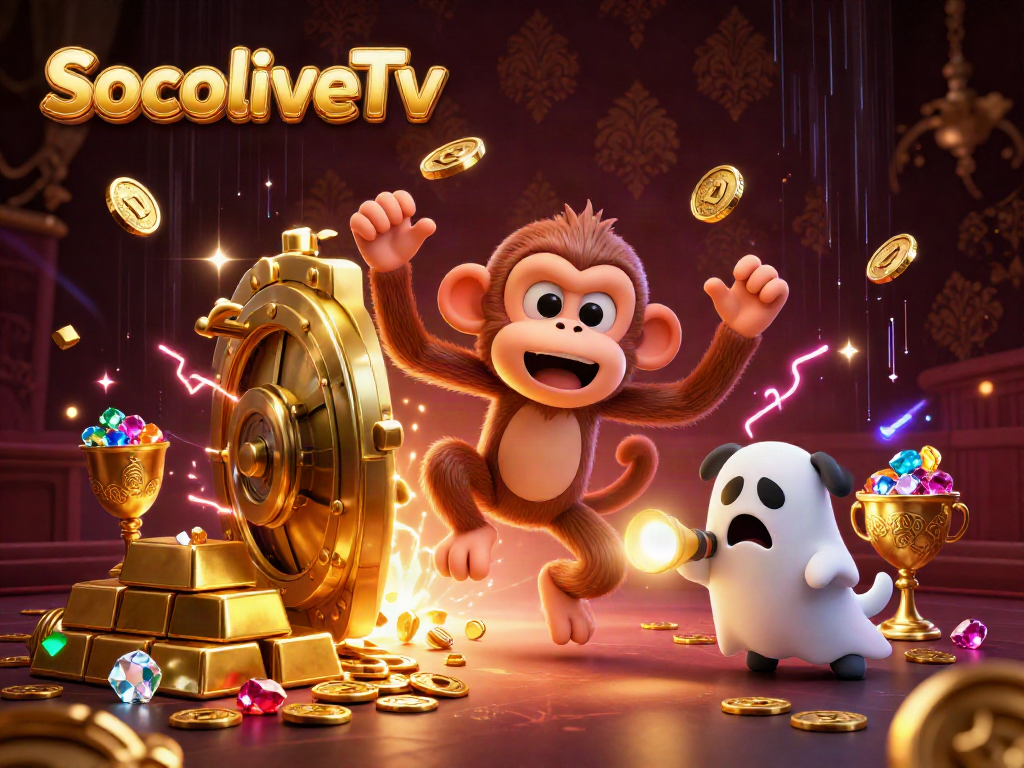 SocoliveTv showcases a mischievous monkey juggling golden casino treasures with a curious puppy tracking it in a vibrant haunted casino scene.