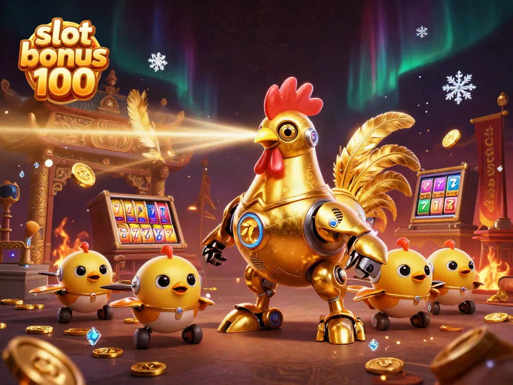 Experience the thrilling slot bonus 100 adventure with golden rooster robot and baby chicks amidst spinning reels and gold coins.