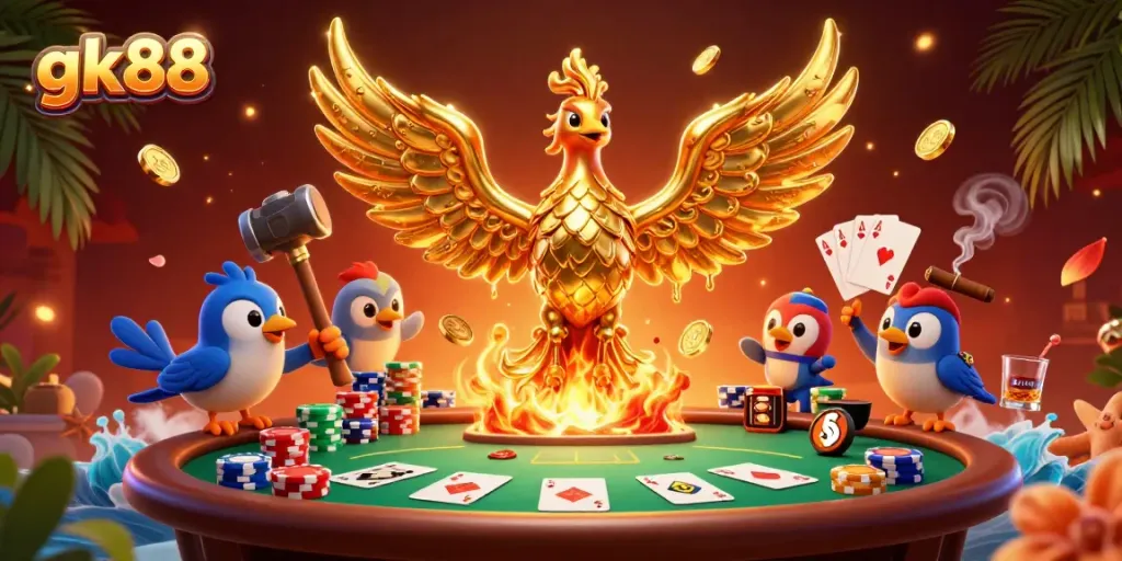 Experience thrilling action at gk88 with golden phoenix and poker elements in a vibrant scene.