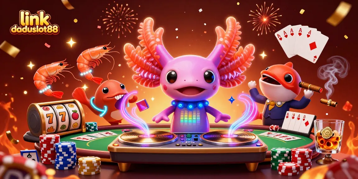 Memenangkan jackpot dengan link daduslot88, ilustrasi kasino yang menampilkan karakter unik dan elemen permainan.