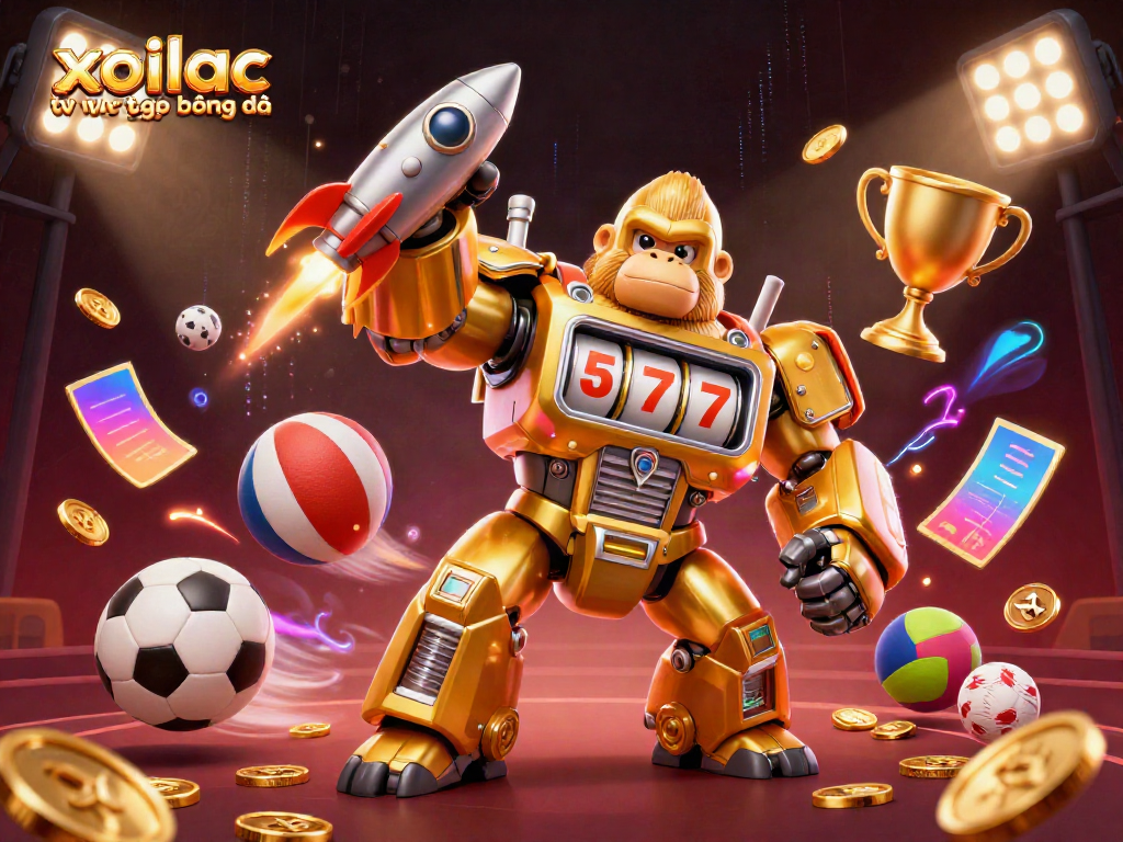 Experience xoilac tv trực tiếp bóng đá with a golden gorilla mech in an energetic sports scene.
