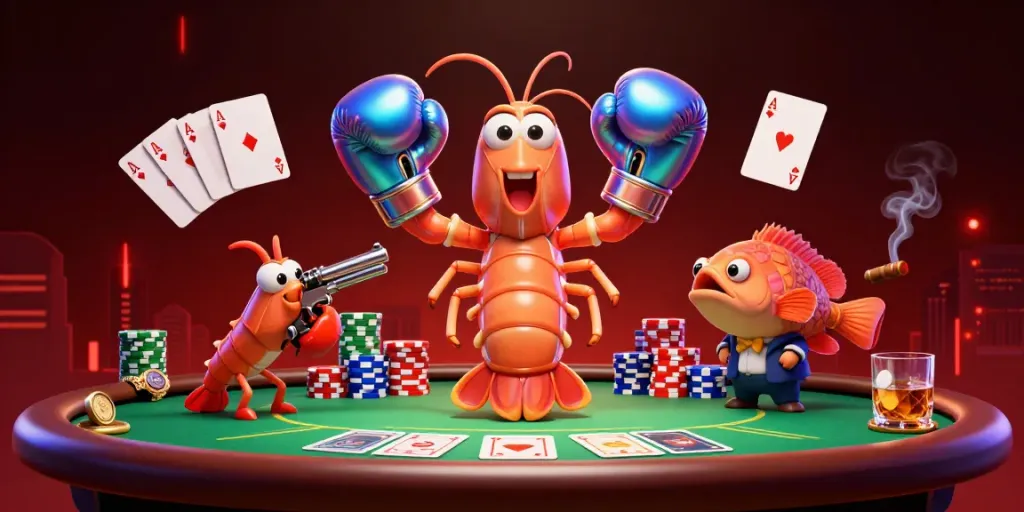 Nha cai uy tin features vibrant poker action with shrimp characters in dramatic casino setting.