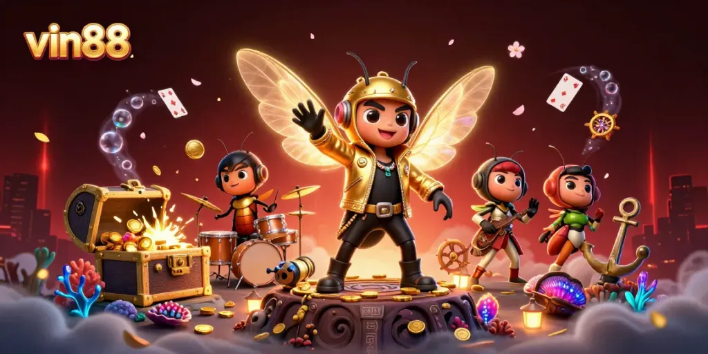 Win big at vin88 with a vibrant scene showcasing 3D cartoon characters celebrating casino games.
