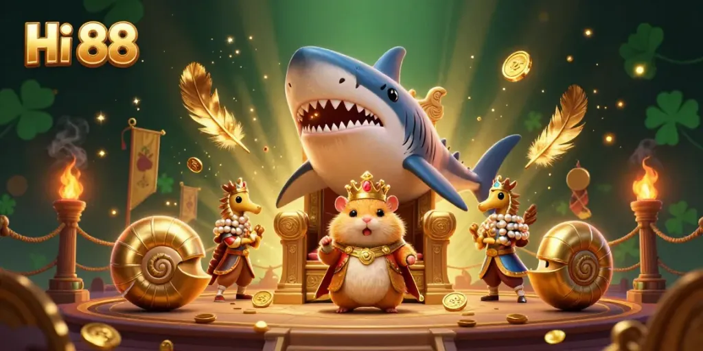 Engage with Hi 88's dynamic casino kingdom featuring a golden hamster king and seahorse guards.