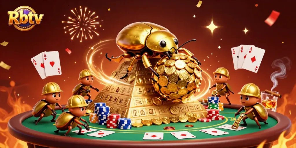 Rbtv menyajikan suasana kasino dengan koin emas, kartu poker, dan kerumunan semarak.