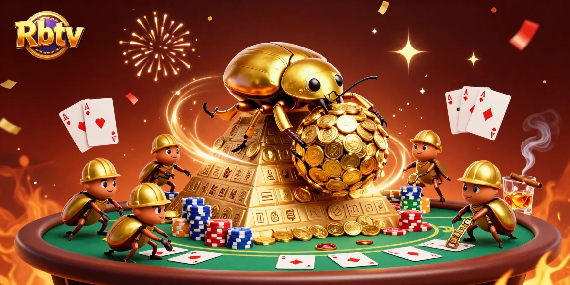 Rbtv menyajikan suasana kasino dengan koin emas, kartu poker, dan kerumunan semarak.