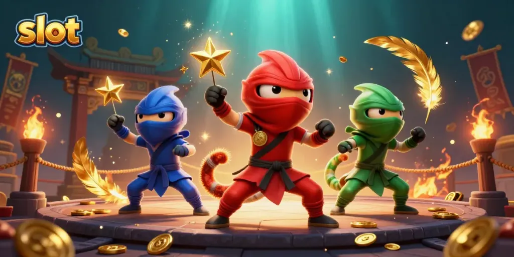 Experience the action of slot gaming with ninja chameleons surrounded by vibrant casino elements.
