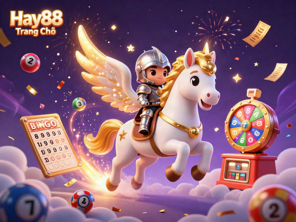 Experience Hay88 Trang Chủ with our energized 3D illustration showcasing a celestial horse, knight, and casino elements.