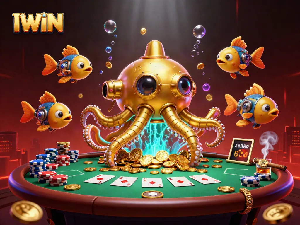 Join IWIN players at a thrilling poker scene with a 3D golden kraken submarine amidst golden coins.
