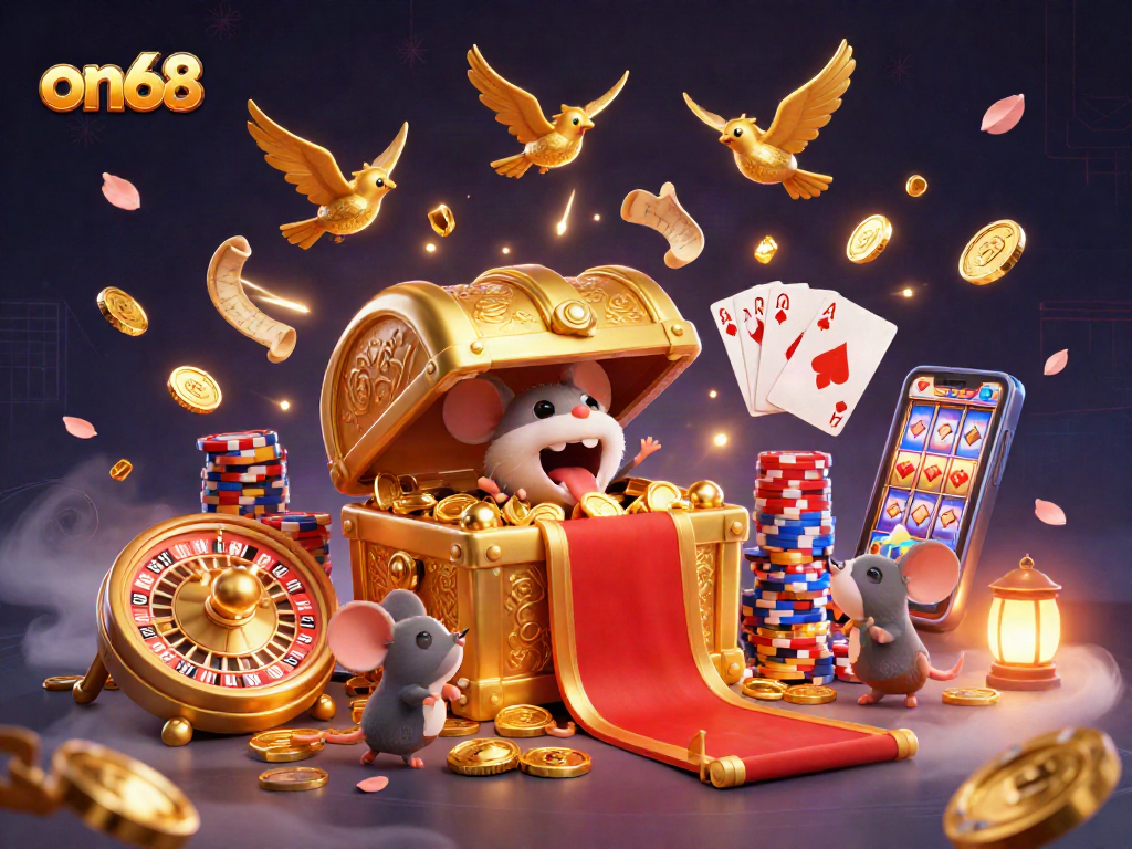 Spin to win with on68: Dive into vibrant casino adventure featuring golden treasures and whimsical characters.