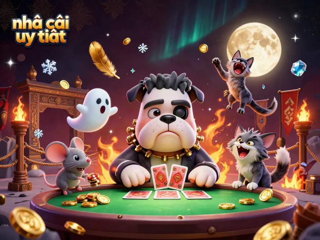 Experience exciting gameplay at nhà cái uy tín with a lively 3D illustration of a bulldog monster dealing cards and a ghost mouse.