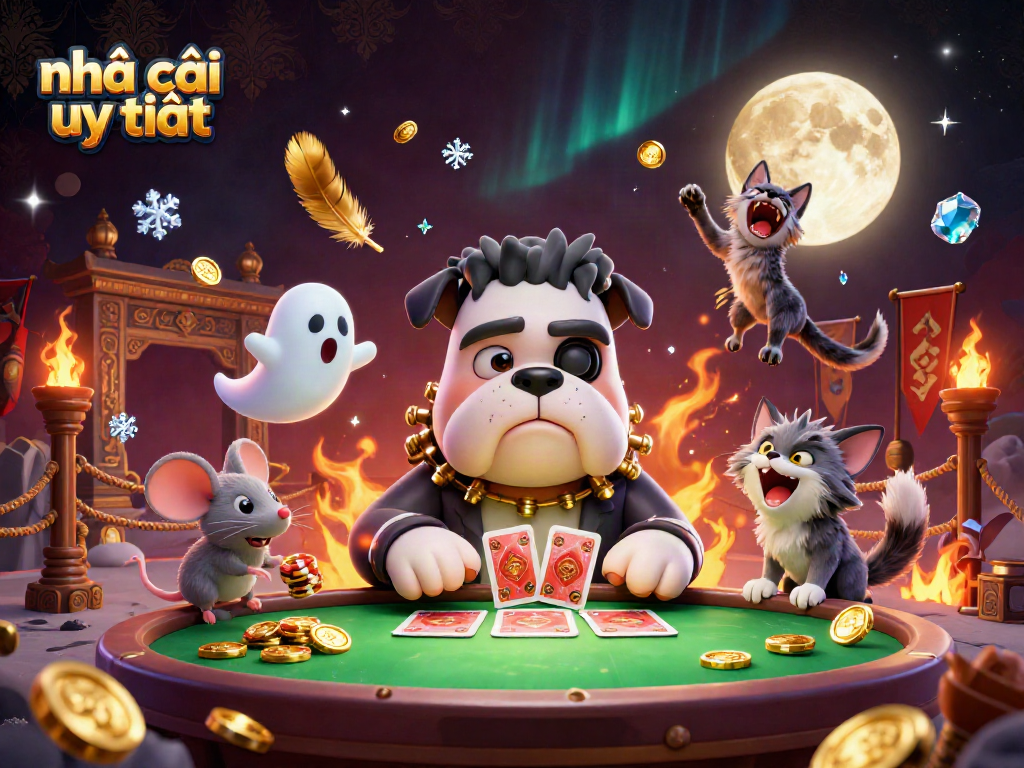 Experience exciting gameplay at nhà cái uy tín with a lively 3D illustration of a bulldog monster dealing cards and a ghost mouse.