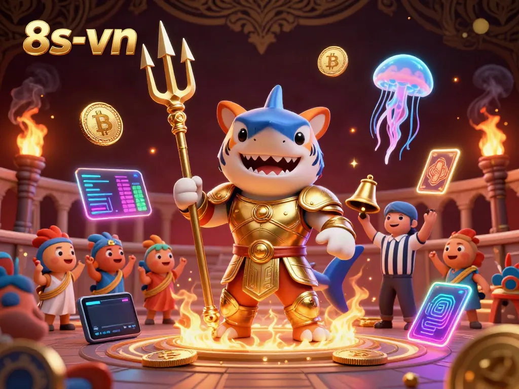 Engage with 8s-vn's immersive underwater casino scene featuring a tiger shark and crypto elements.