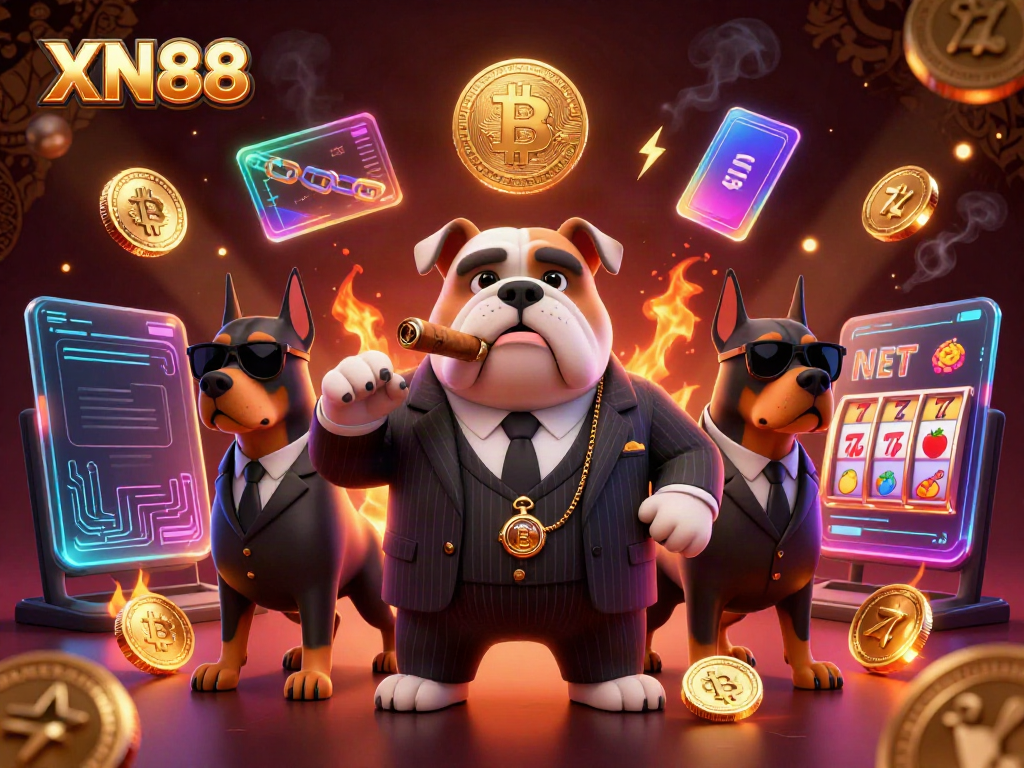 Experience exhilarating casino action with XN88 in a vibrant 3D illustration featuring a mafia bulldog and slot game elements.