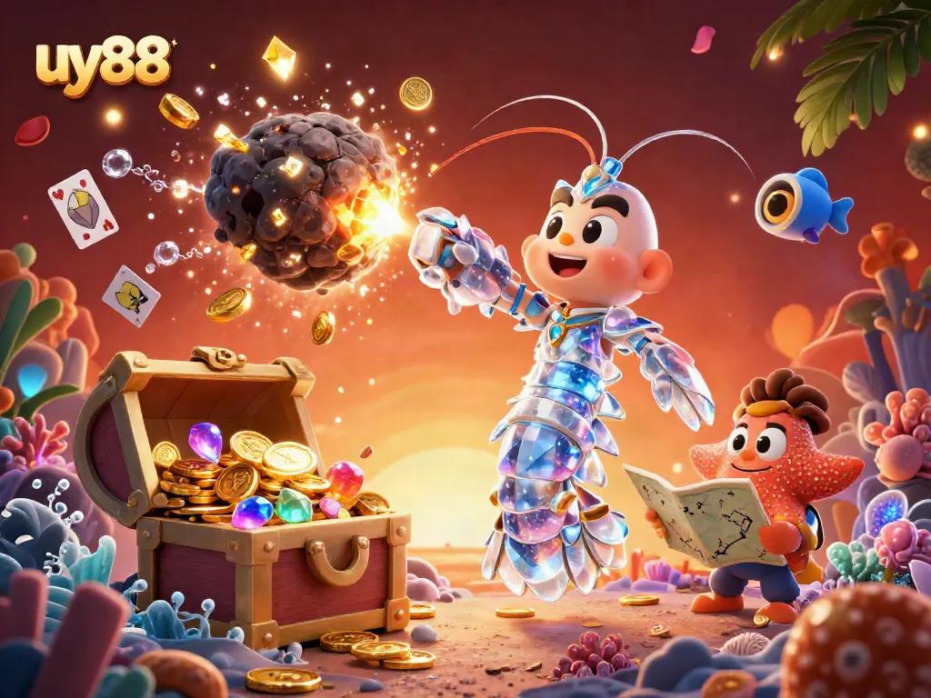 Experience excitement at uy88 as the mantis shrimp bursts through an asteroid, showering gems and coins in this vibrant casino-themed scene.
