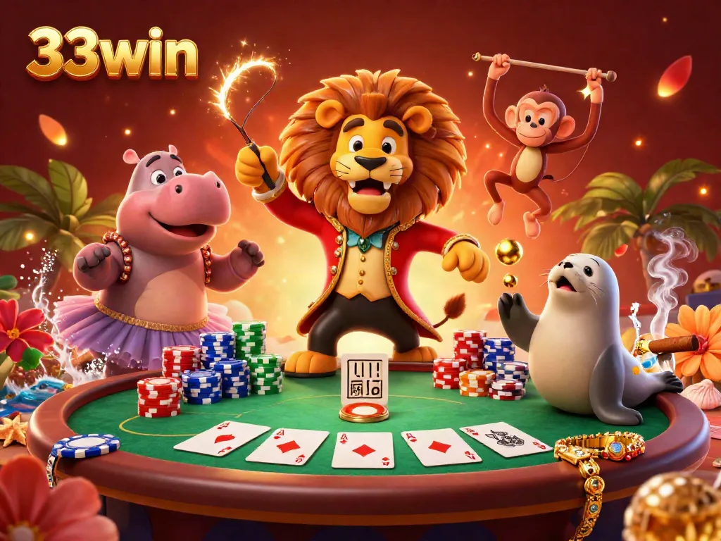 Experience the excitement of 33win with this vibrant 3D casino scene featuring a dynamic circus theme.