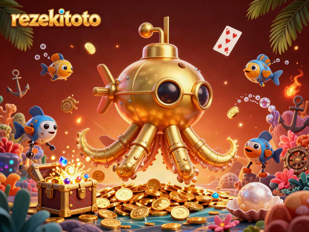 Experience rezekitoto's thrilling underwater adventure with dynamic golden kraken and treasure.