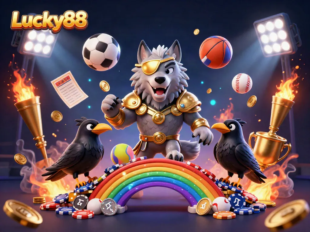 Lucky88 Odin wolf and ravens on a vibrant casino bridge with sports elements and glowing effects.