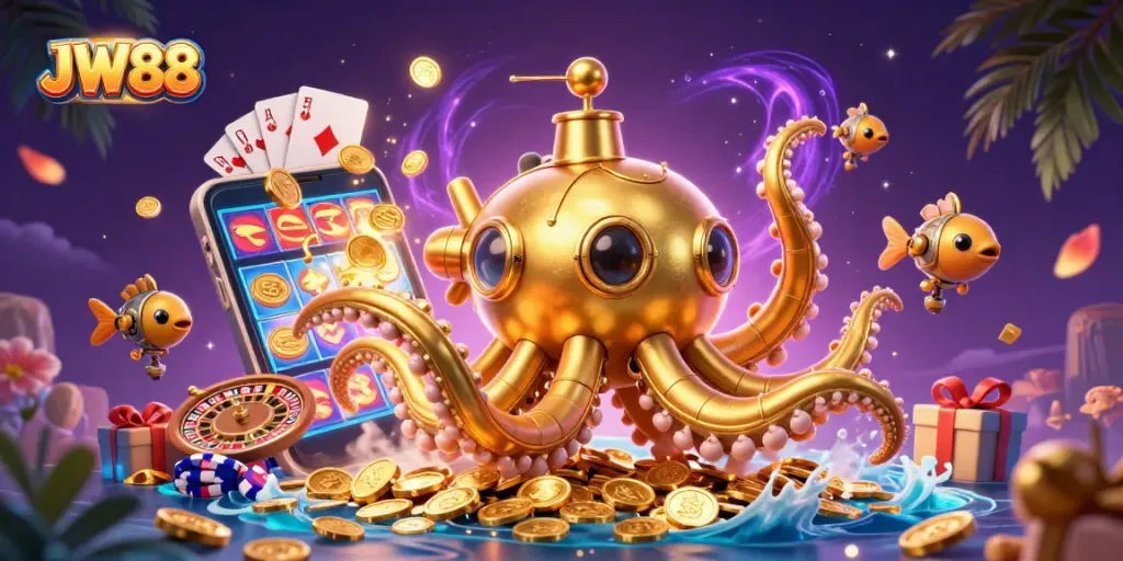 Win with JW88 in this dynamic 3D casino scene showcasing exciting gaming elements.