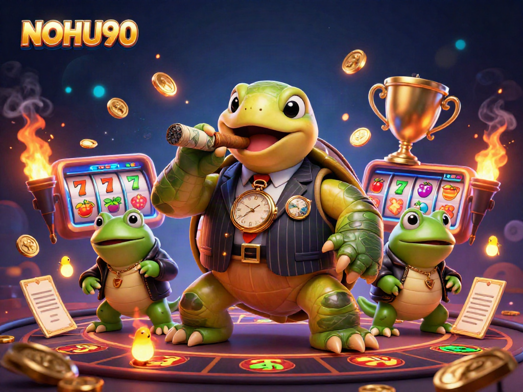 Experience the vibrant casino world of NOHU90 featuring a cartoon snapping turtle and bullfrog enforcers surrounded by slots and gold!