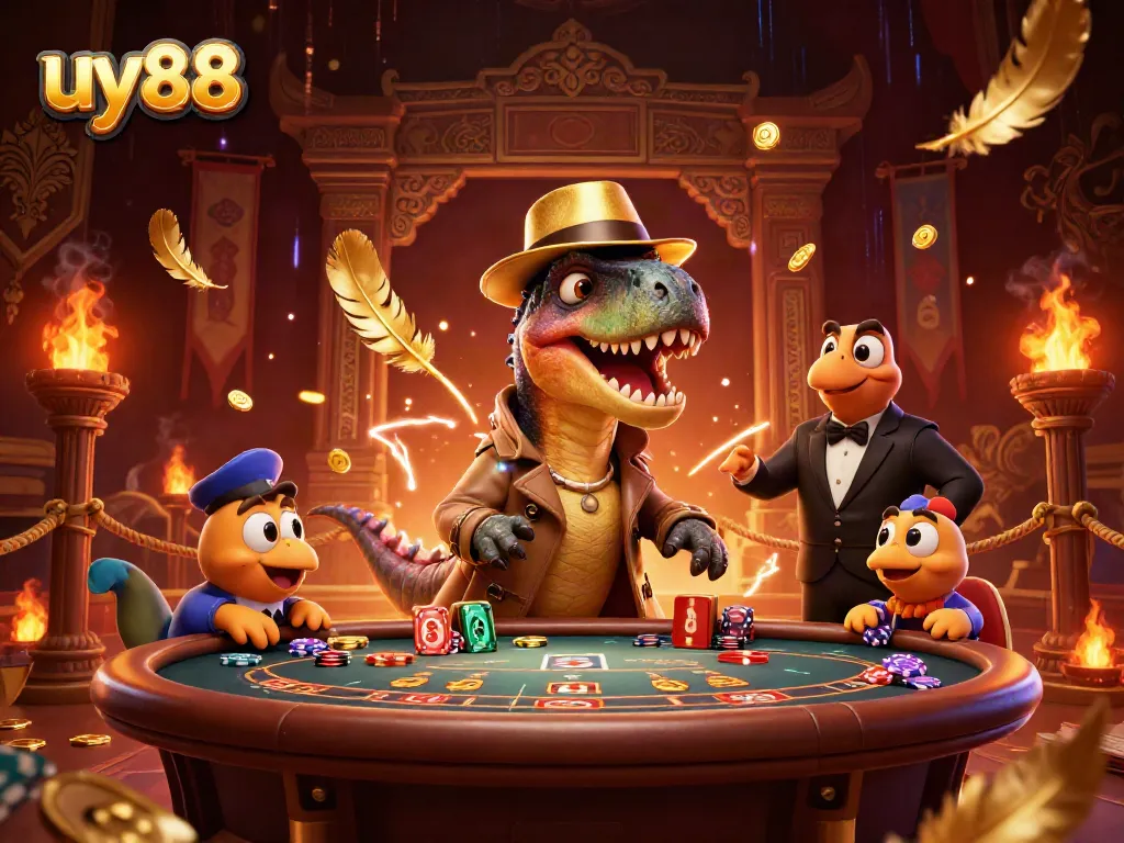 Capture the excitement of uy88 with a playful velociraptor at a blackjack table