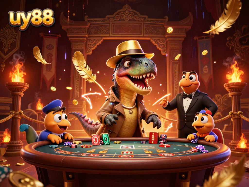 Capture the excitement of uy88 with a playful velociraptor at a blackjack table