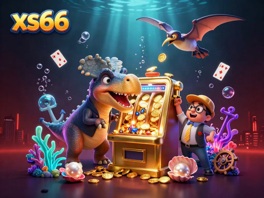 xs66 slots explosion in dynamic underwater casino scene with cartoon dinosaurs and jackpots