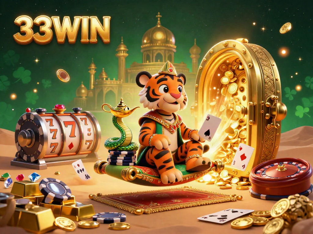 Engage with 33WIN's luxurious casino world through an Arabian Nights-themed scene filled with vibrant gaming elements.