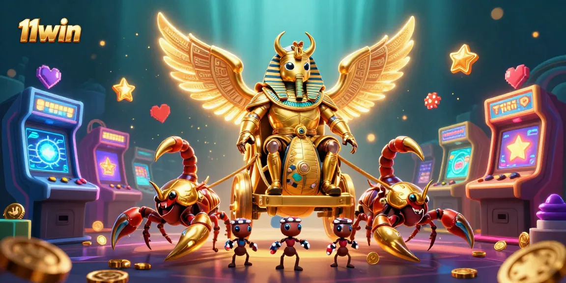 11win features a golden scarab beetle riding a chariot in a vibrant casino-themed illustration.