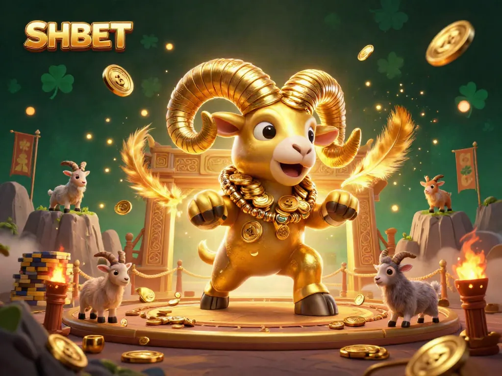 Experience thrilling gaming action at SHBET with a golden ram charging through a dynamic casino scene.