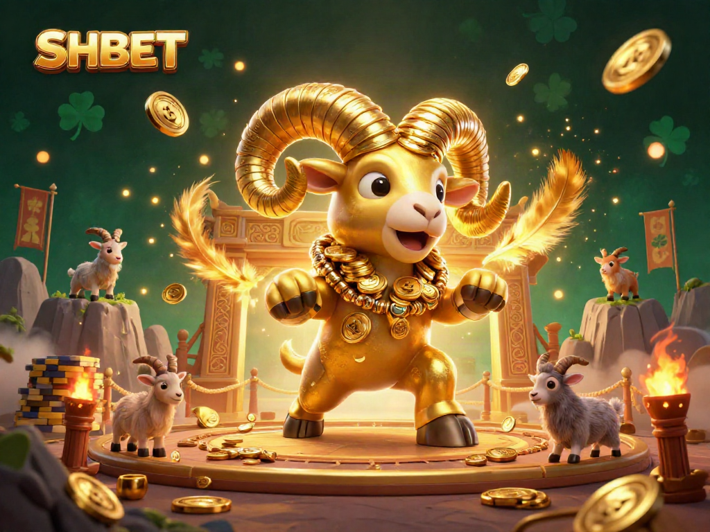 Experience thrilling gaming action at SHBET with a golden ram charging through a dynamic casino scene.