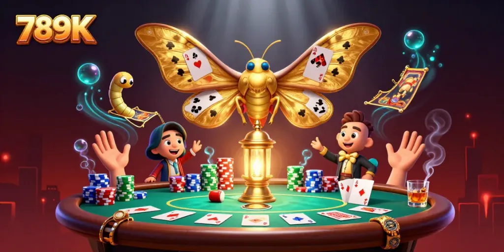 Engage with the exhilarating world of 789K casino adventures featuring golden moths and vibrant poker games.