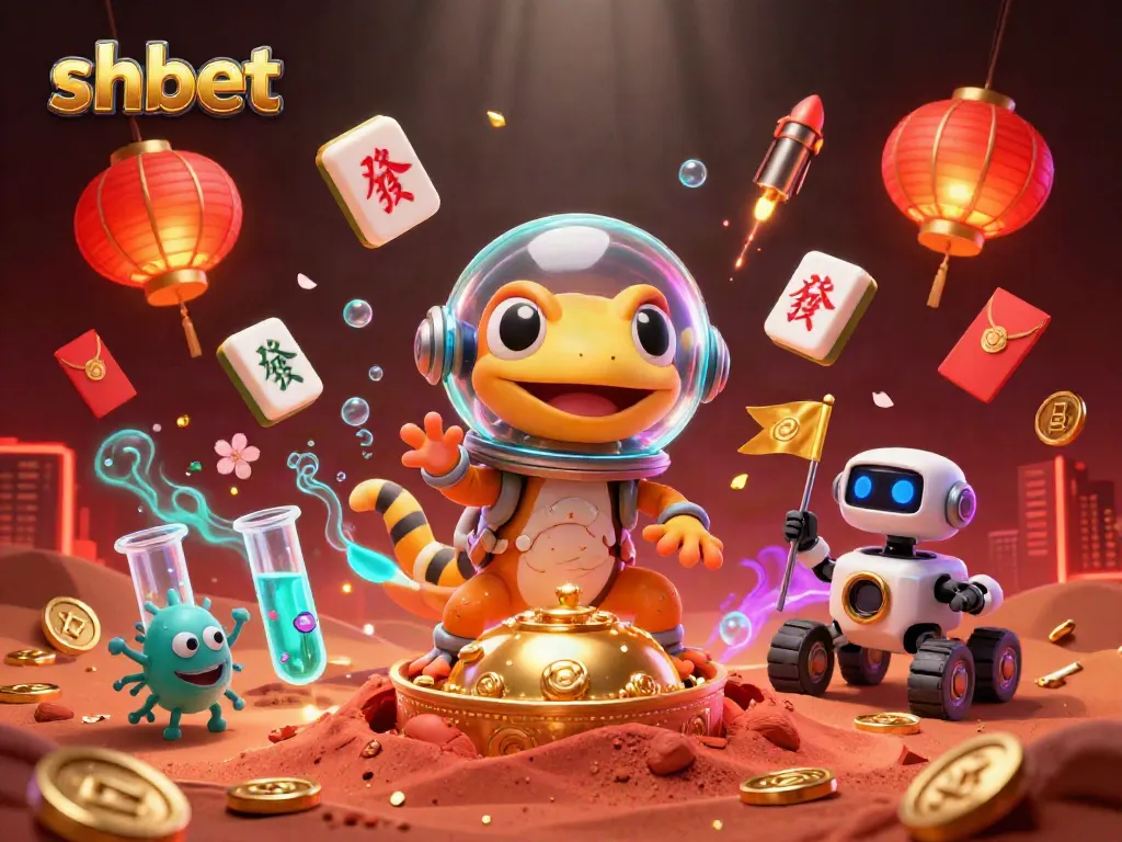 Experience shbet's exciting games with a Martian gecko discovering a golden casino in a vibrant scene.