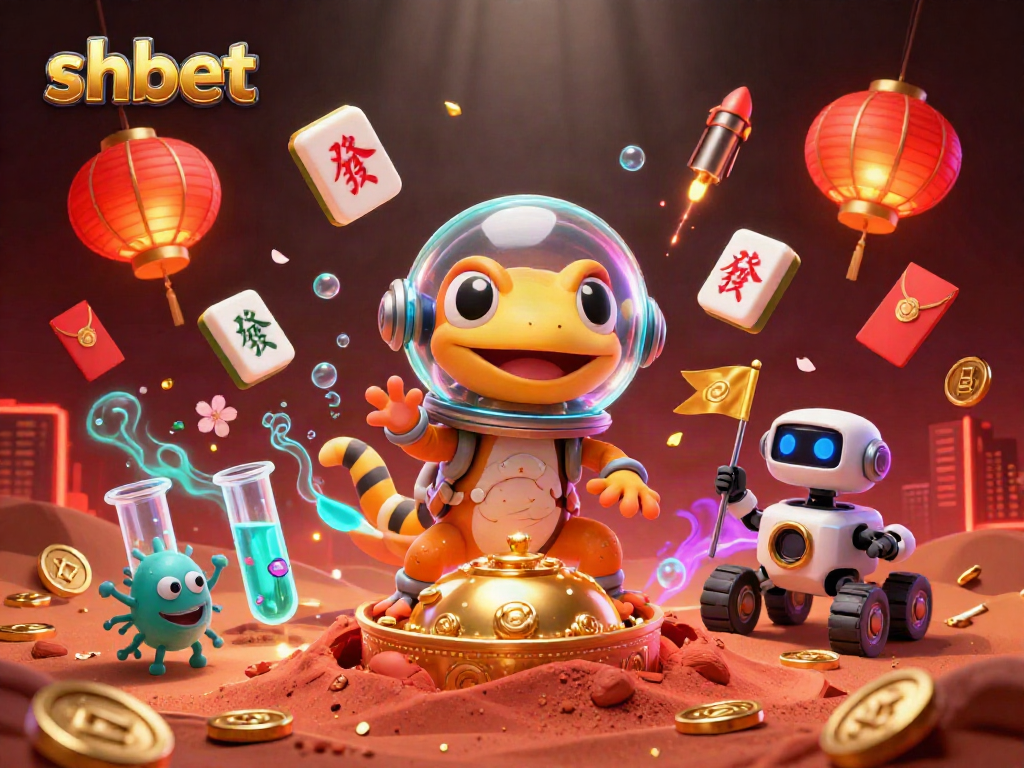 Experience shbet's exciting games with a Martian gecko discovering a golden casino in a vibrant scene.