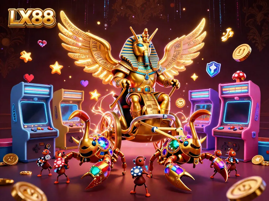 LX88 showcases a vibrant online casino scene with a massive golden scarab and colorful gaming elements.
