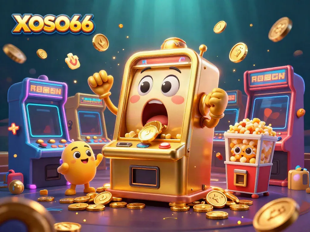 XOSO66 slots jackpot scene with dynamic characters and colorful casino elements.