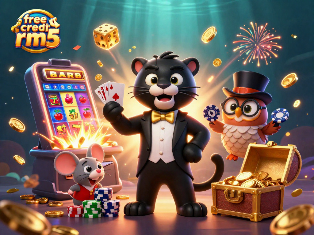 Engage with free credit rm5 offers while enjoying a vibrant 3D casino scene featuring dynamic characters and exciting games.