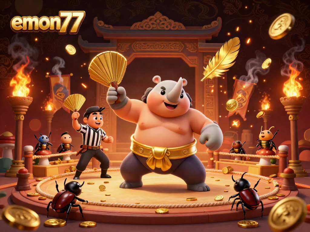 Experience the thrill of emon77 with a vibrant illustration of a sumo beetle champion and betting excitement.