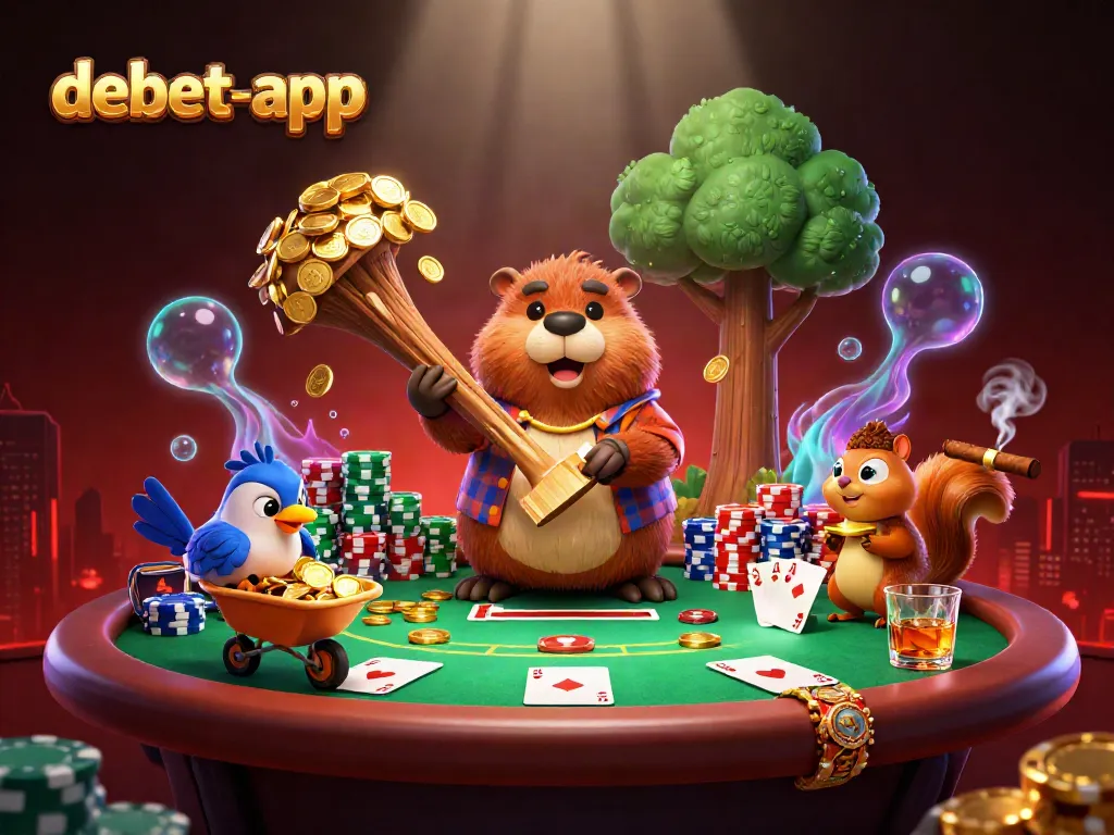 Engage with debet-app as a beaver collects golden coins while surrounded by poker elements.