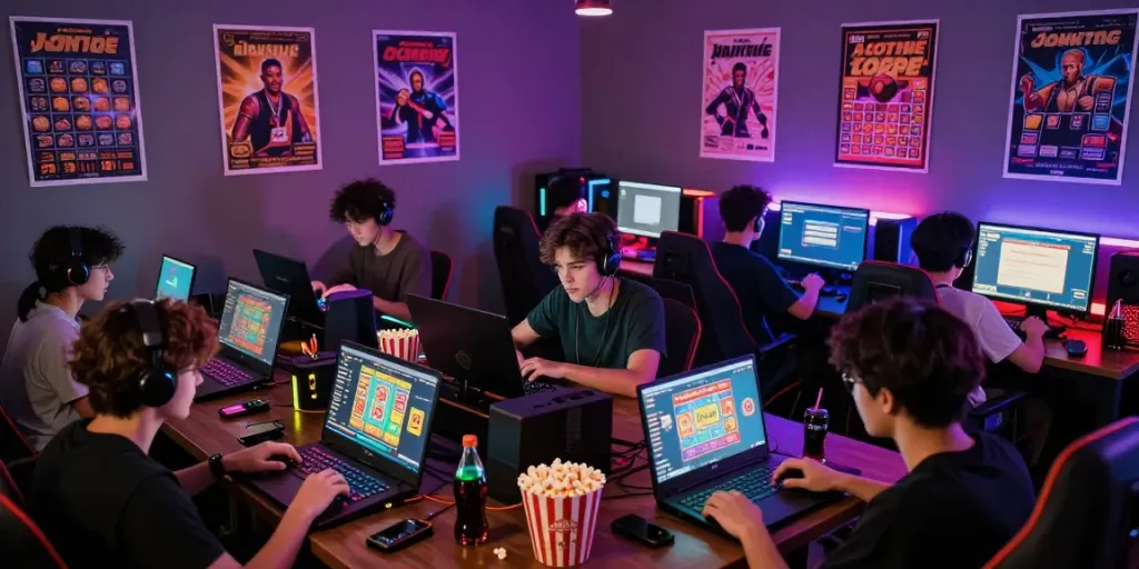 Komunitas gaming lotere online yang ceria bermain Situs Toto dengan suasana malam yang ramai