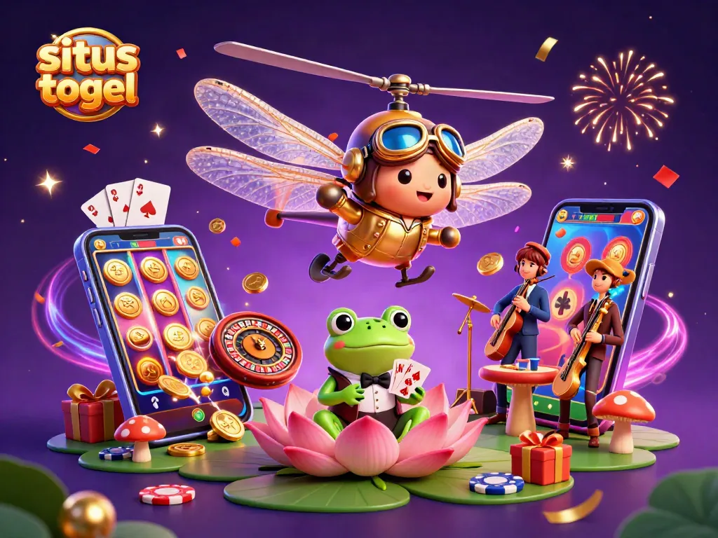 Engage with the situs togel scene featuring a dragonfly pilot, frog croupier, and vibrant casino elements.