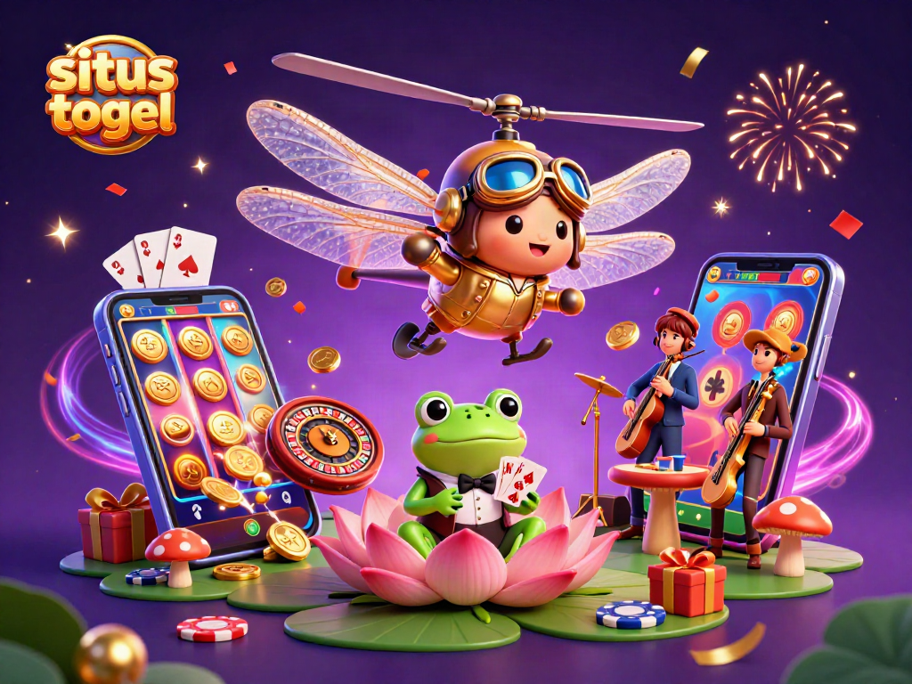 Engage with the situs togel scene featuring a dragonfly pilot, frog croupier, and vibrant casino elements.