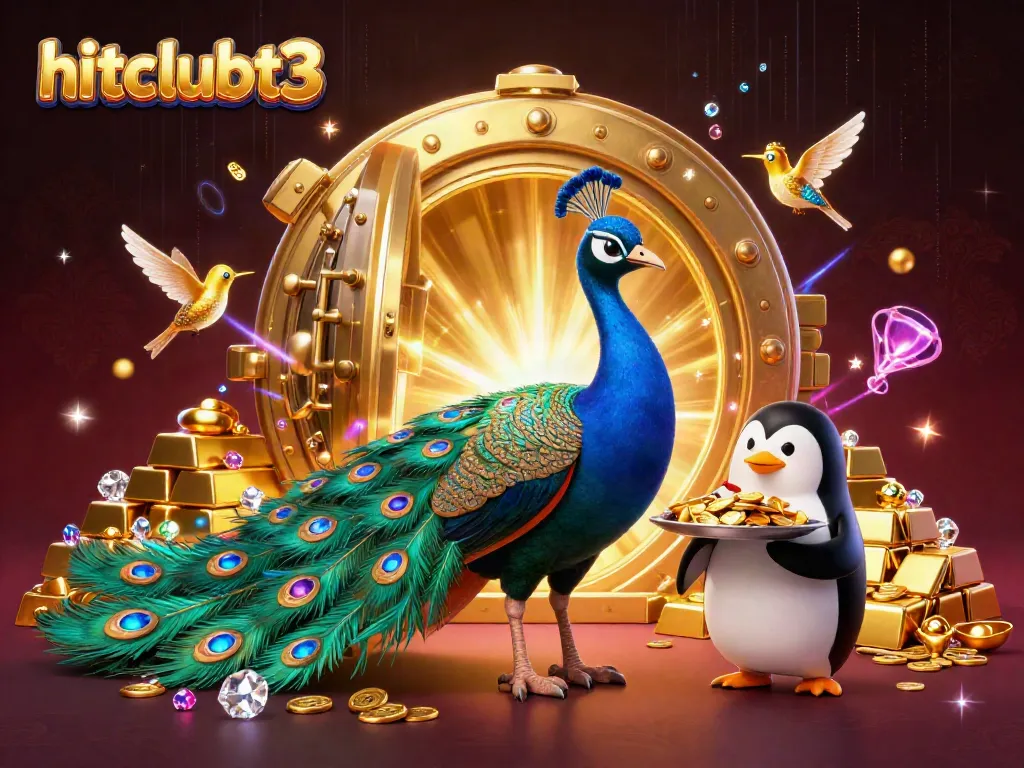 Engage in thrilling gaming at hitclubt3 with a playful scene of a majestic peacock and whimsical characters.