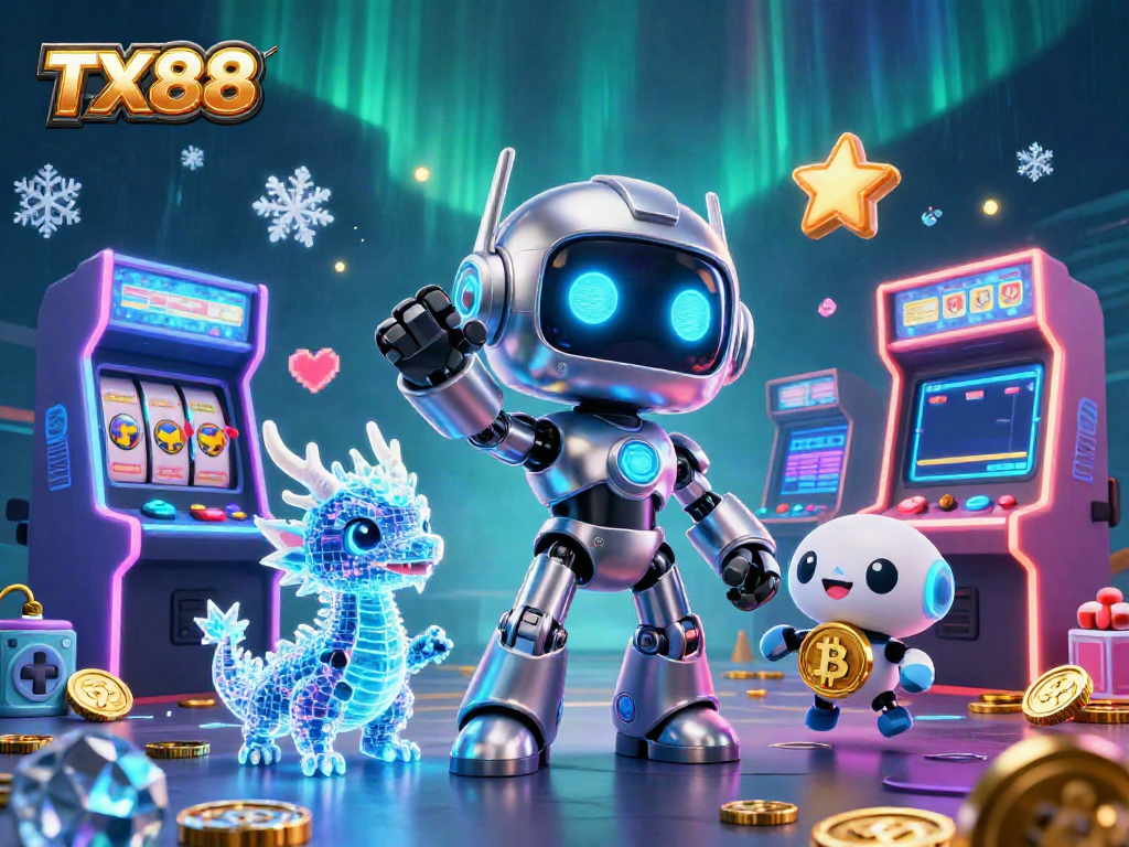 Experience thrilling gameplay at TX88 with a vibrant 3D casino scene showcasing colorful arcade elements and animated characters.