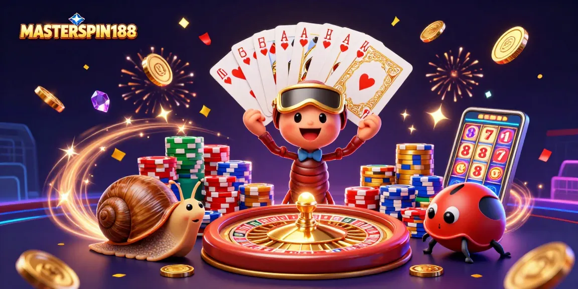 Join the excitement of MASTERSPIN188 with colorful casino elements and a vibrant dealer scene.