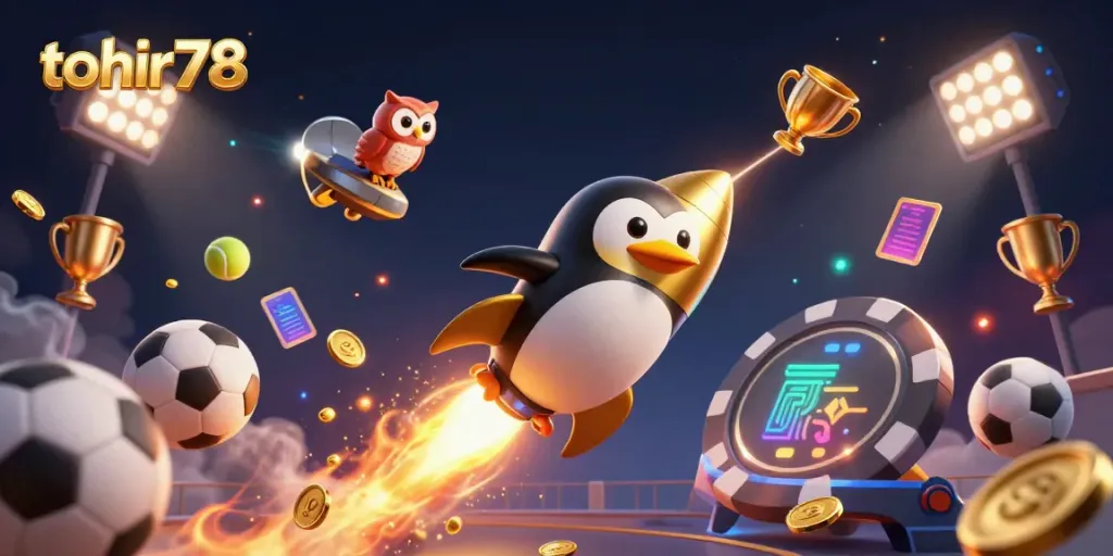 Launch tohir78's golden penguin in a vivid cosmic casino adventure surrounded by sports chaos.